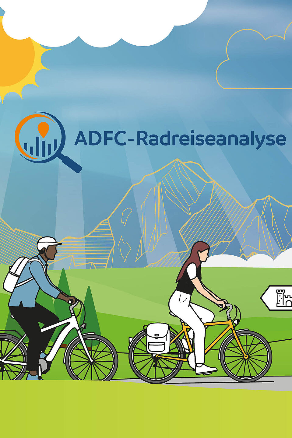 ADFC-Radreiseanalyse Grafik zwei Menschen auf Fahrrad in Landschaft